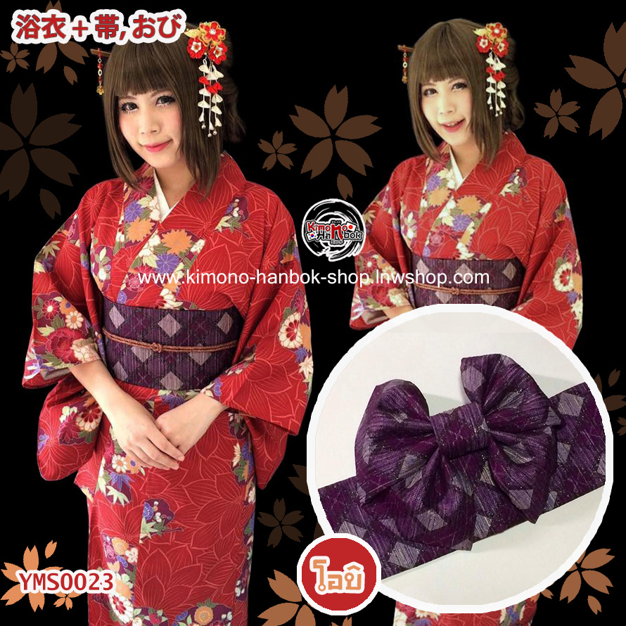 ยูกาตะ สีแดงลายดอกไม้โบราณ2