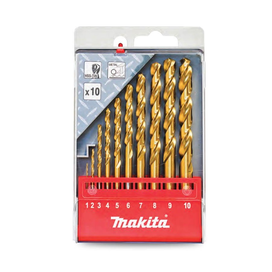 ชุดดอกสว่านเจาะเหล็กHSS-TIN 10ดอก/ชุด 1-10mm สีทอง MAKITA #D-44199