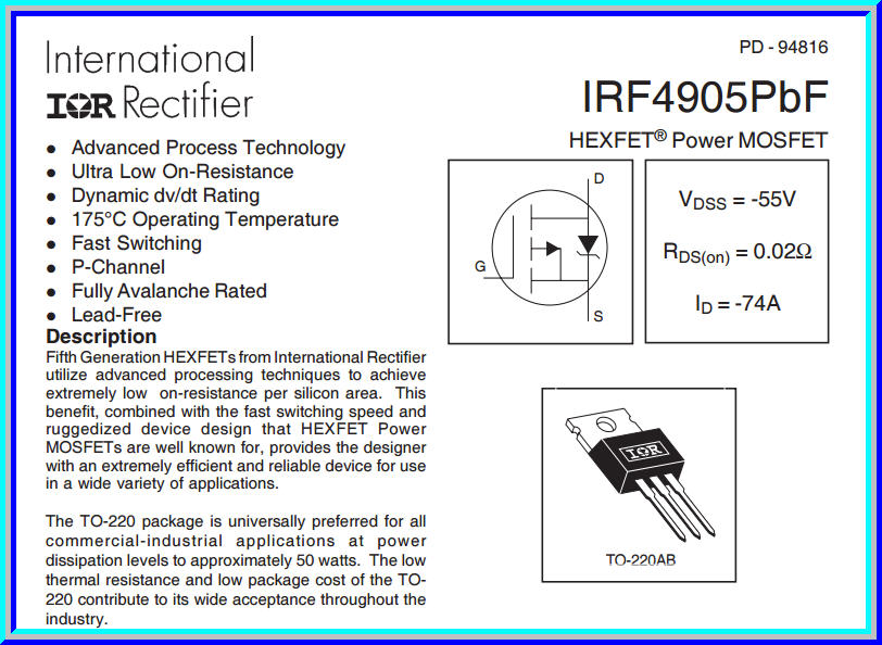 1x ไอซีเพาเวอร์มอสเฟต IRF4905 P-Channel 55V 74A