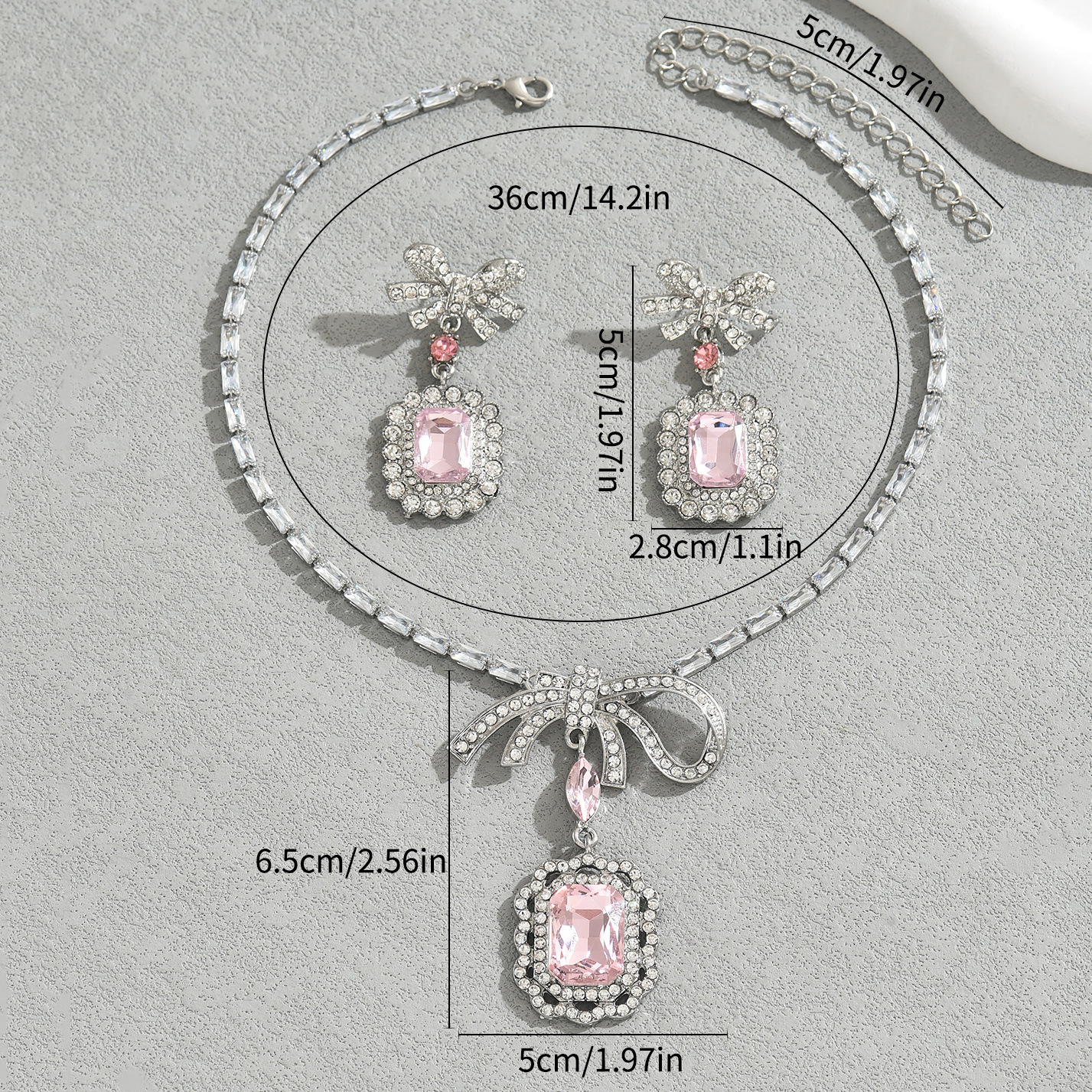 (พร้อมส่ง) สร้อยคอเพชร+ต่างหูแบบเข็ม 015 ใส่ออกงาน สวยหรูดูแพง โบว์สีชมพูหวานมาก