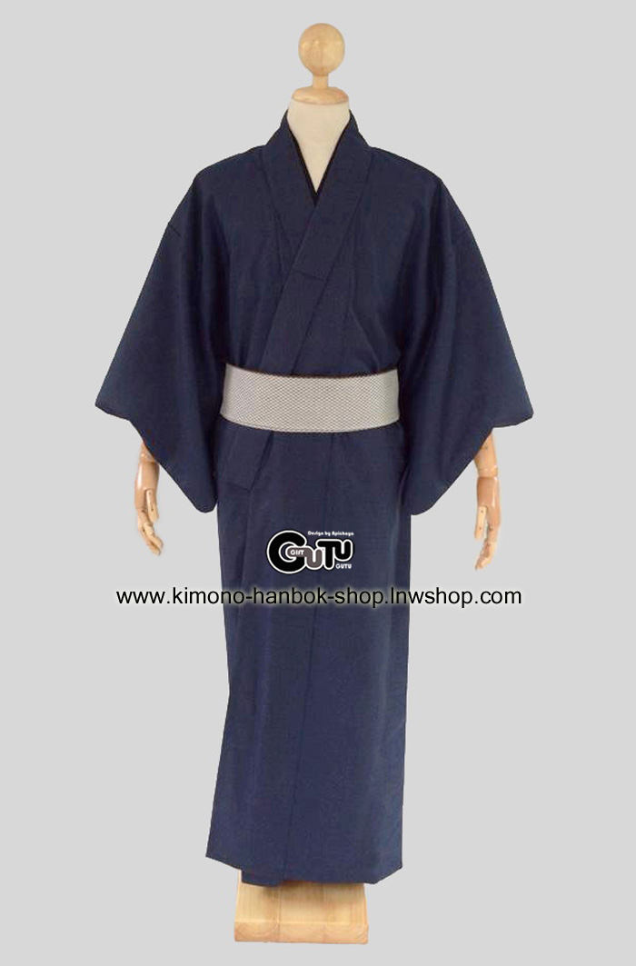set.กิโมโนชาย สีกรม(น้ำเงินเข้ม)001+ โอบิแบบสำเหร็จชาย(สีขาวพื้น)