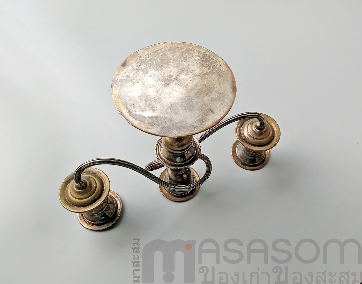 เชิงเทียนทองแดงกะไหล่เงิน