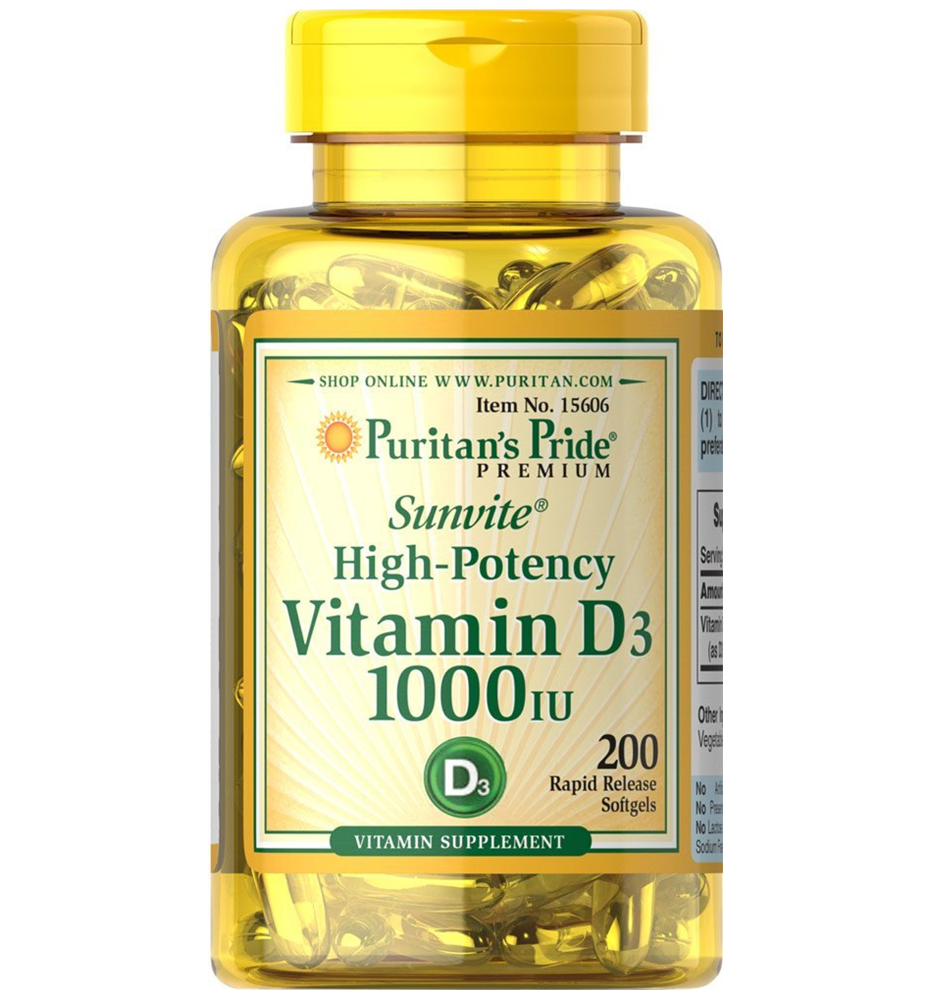 ผลิตภัณฑ์อาหารเสริม Puritan's Pride Vitamin D3 1000 IU / 200 Softgels