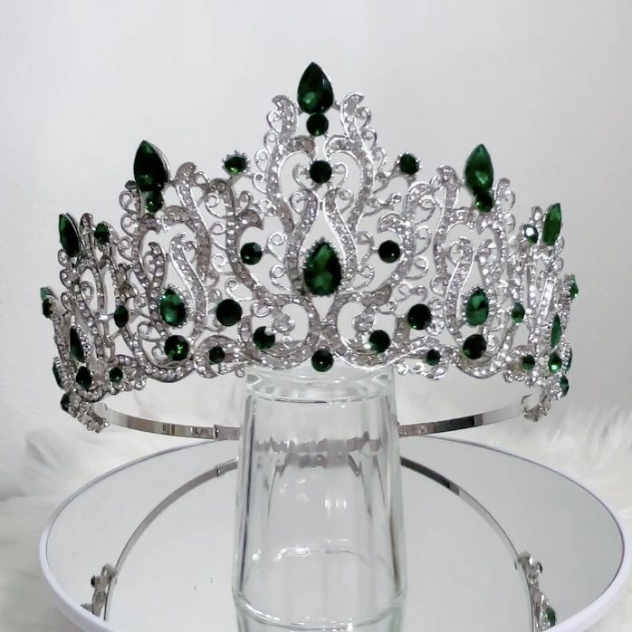 (พร้อมส่งจากไทย) มงกุฏ 114 สีเขียว มงกุฎนางงาม มงกุฎเพชร สวยงามอลังการ ฐานมงวงกลมปรับได้
