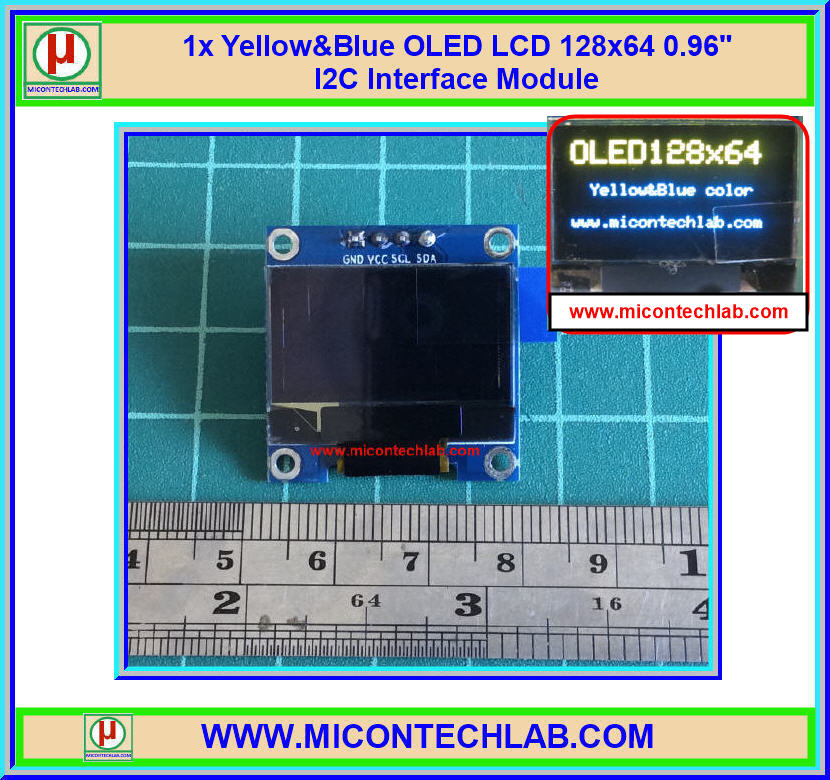 1x จอโอแอลอีดี สีเหลืองน้ำเงิน OLED LCD 128x64 0.96" เชื่อมต่อแบบ I2C