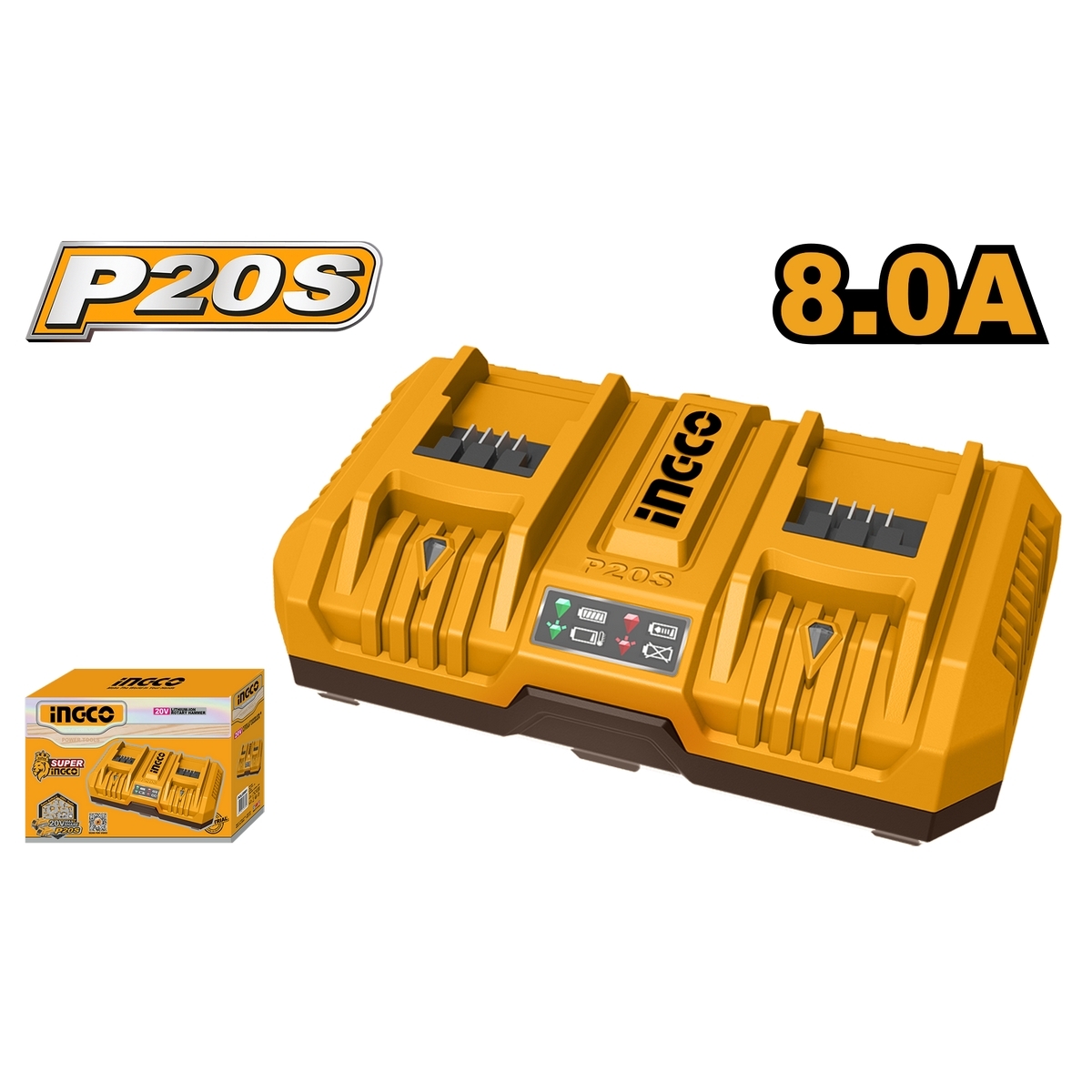 INGCO แท่นชาร์จแบตเตอรี่ 2 พอร์ต 20V/8A รุ่น FCLI2082