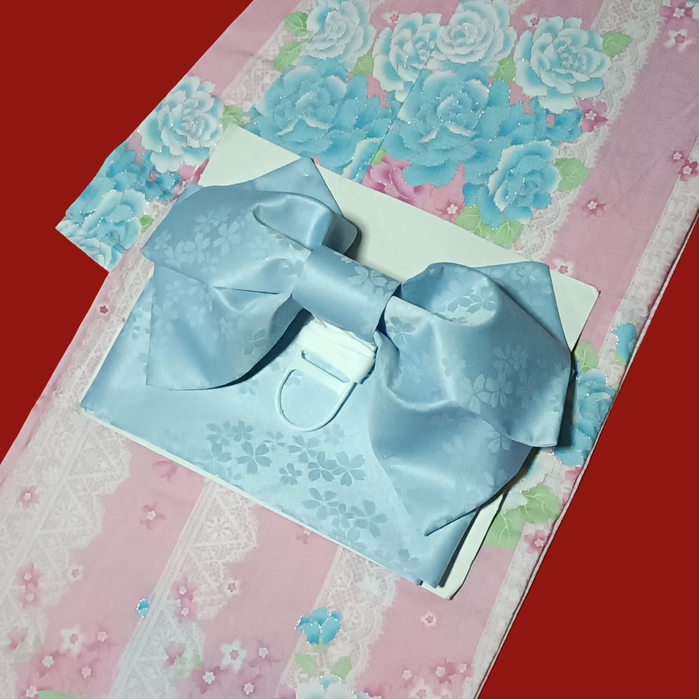 ยูกาตะชมพูลายกุหลาบ01 *เดินเส้นกากเพชร