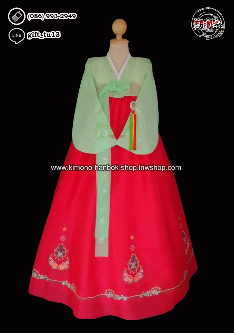 ชุดฮันบก เสื้อสีเขียวอ่อน/กระโปงสีแดง(M-L 36 นิ้ว)