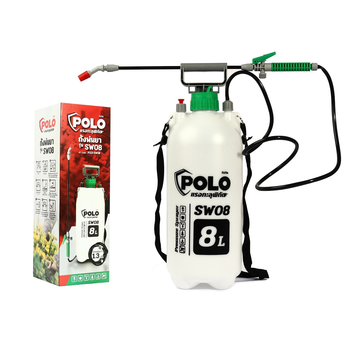 POLO ถังพ่นยามือโยก เครื่องพ่นยา ขนาด 8 ลิตร รุ่น SW08 สีขาว