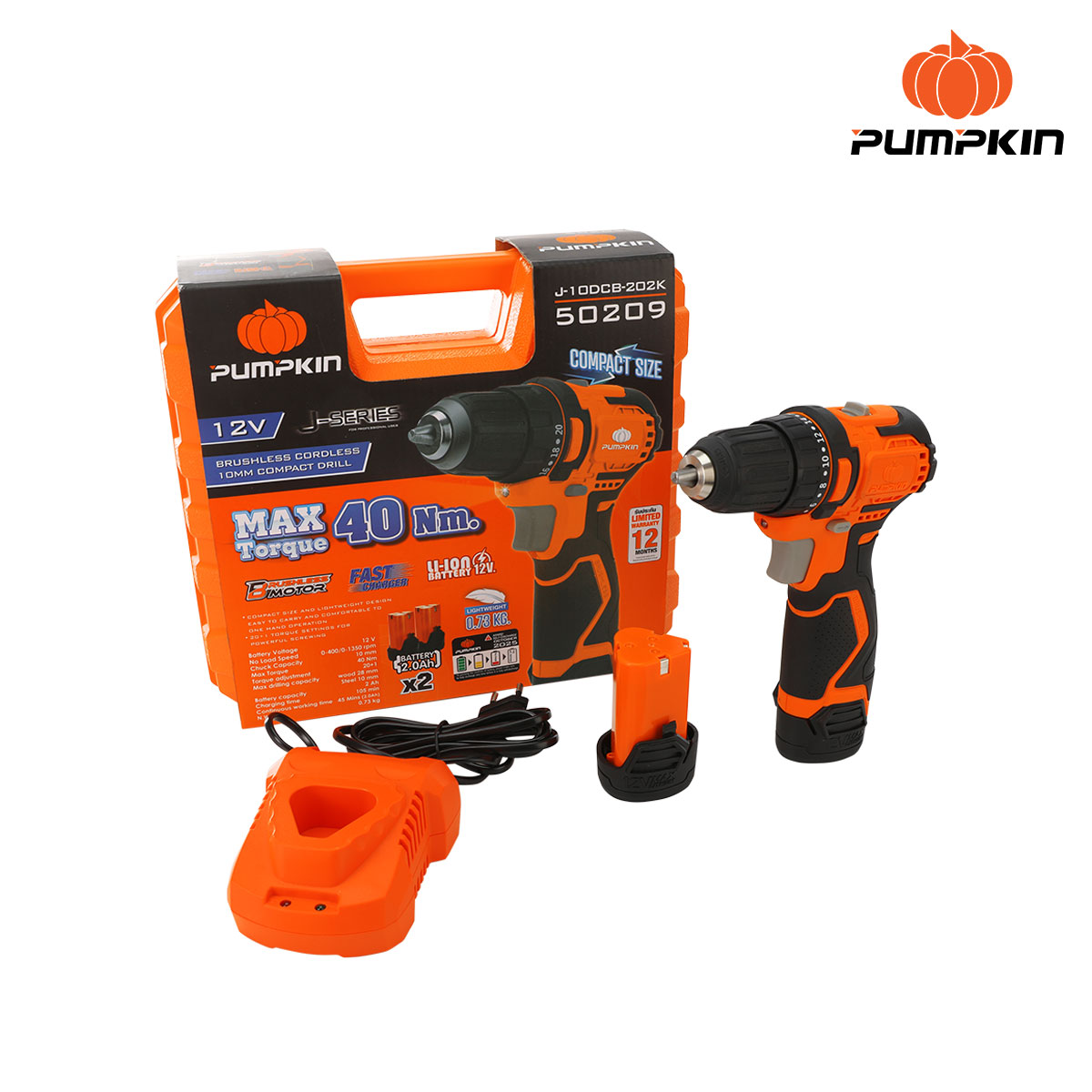 สว่านแบตไร้สาย12v รุ่น J-10DCB-202K PUMPKIN 50209