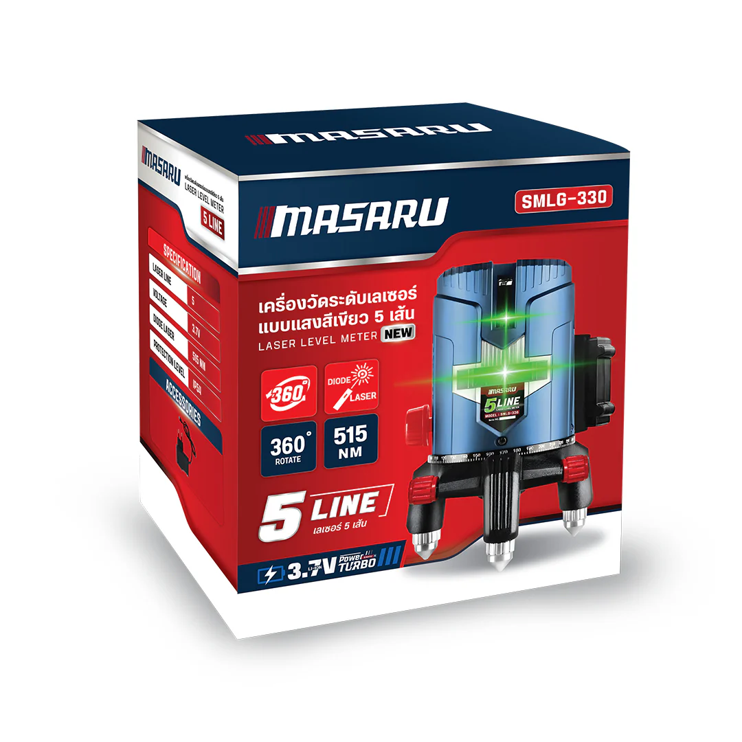 MASARU SMLG-330 เครื่องวัดระดับเลเซอร์แบบแสงสีเขียว 5 เส้น 3.7V (ไม่รวมขาตั้ง)