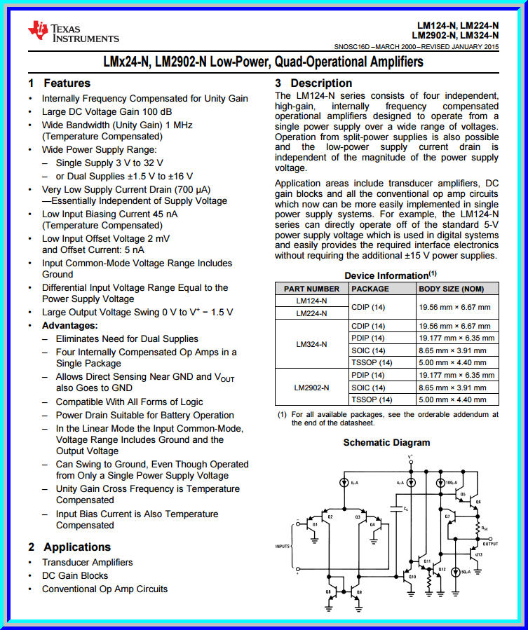 1x LM324N Quadruple Operational Amplifiers (Op-amp) IC Chip