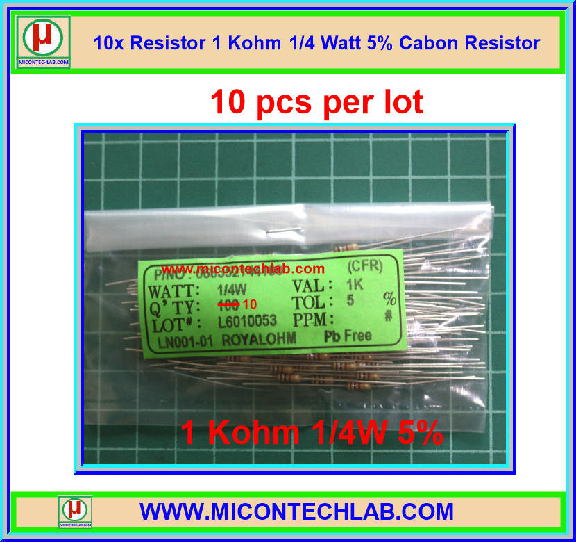 10x Resistor 1 Kohm 1/4 Watt 5% Cabon Resistor