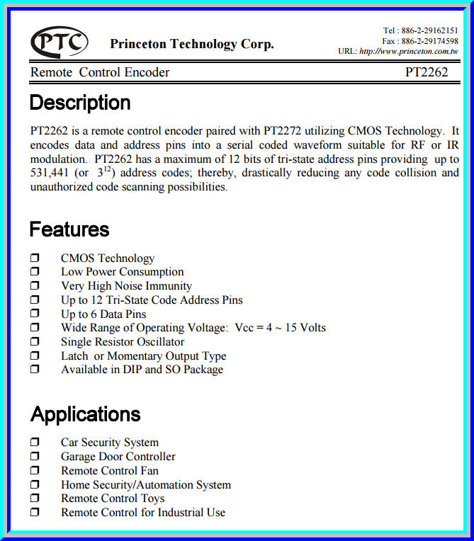 1x PT2262 Remote Control Encoder IC Chip (ไอซีเข้ารหัสรีโมทคอนโทรล)