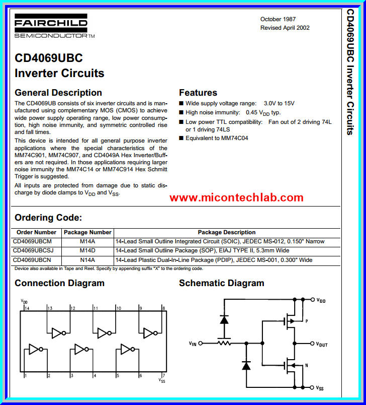 1x CD4069 Six CMOS Inverter Circuits (Not gate) IC Chip