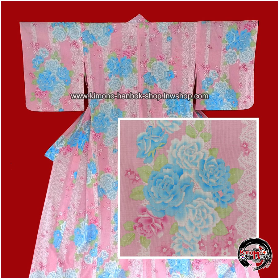 ยูกาตะชมพูลายกุหลาบ01 *เดินเส้นกากเพชร