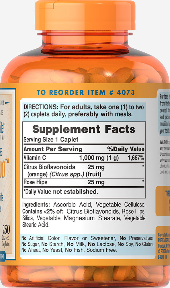 Puritan Vitamin C-Time 1000 mg with Protective Bioflavonoids & Rose Hips Timed Release 1000mg 250 Caplets
