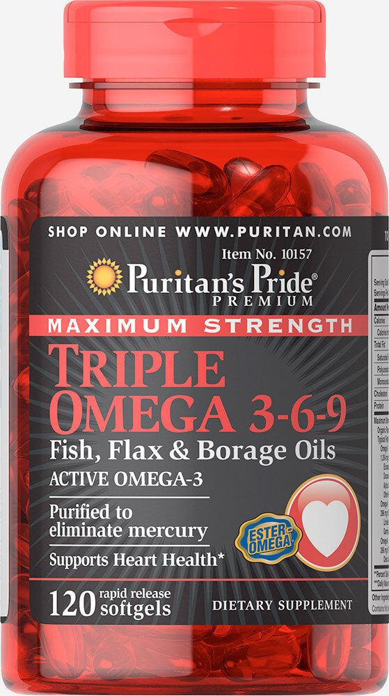 Puritan Maximum Strength Triple Omega 3-6-9 Fish, Flax & Borage Oils 120 Softgels