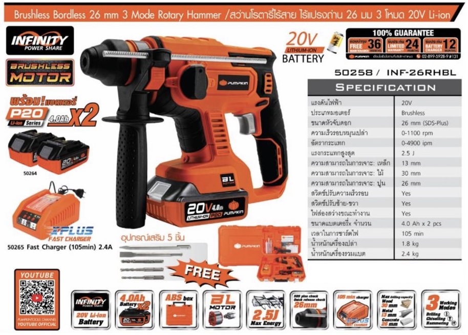 สว่านโรตารี่20V ไร้แปรงถ่าน INF-26RHBL PUMPKIN