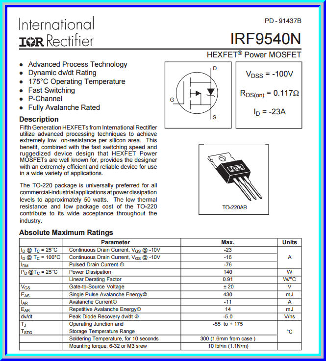 4x IRF9540N มอสเฟต P-Channel 100V 23A 140W Power MOSFET