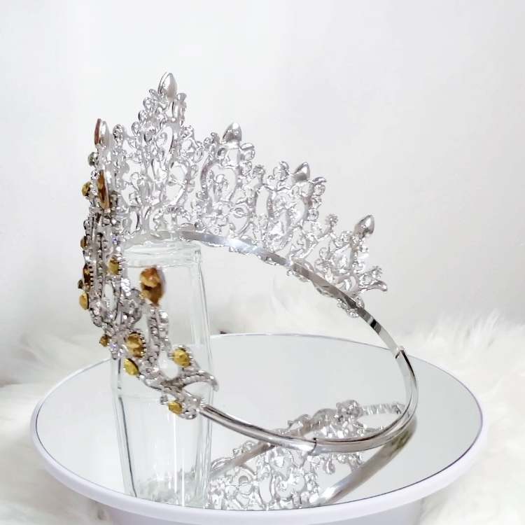 (พร้อมส่งจากไทย) มงกุฏ 114 สีเหลือง มงกุฎนางงาม มงกุฎเพชร สวยงามอลังการ ฐานมงวงกลมปรับได้