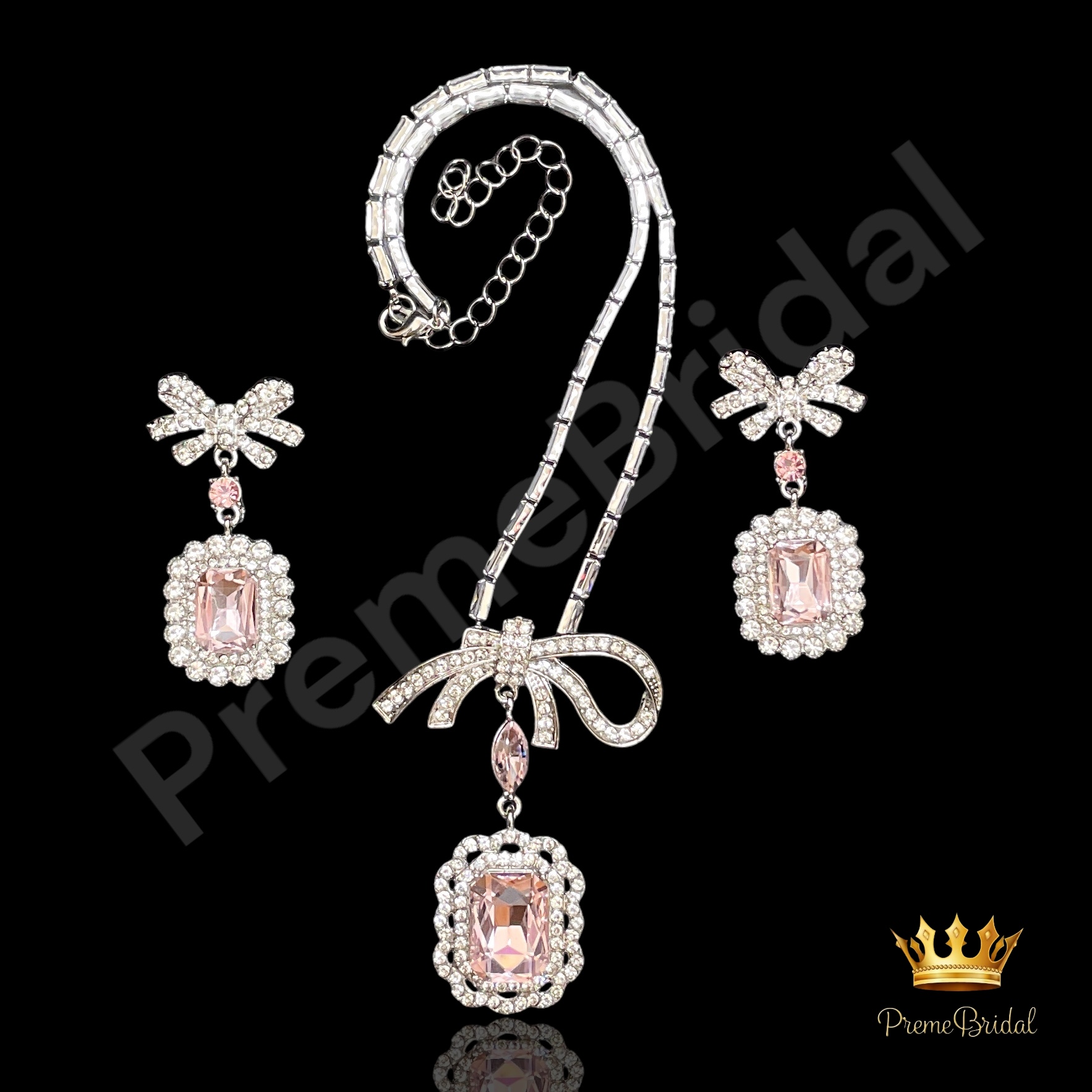 (พร้อมส่ง) สร้อยคอเพชร+ต่างหูแบบเข็ม 015 ใส่ออกงาน สวยหรูดูแพง โบว์สีชมพูหวานมาก