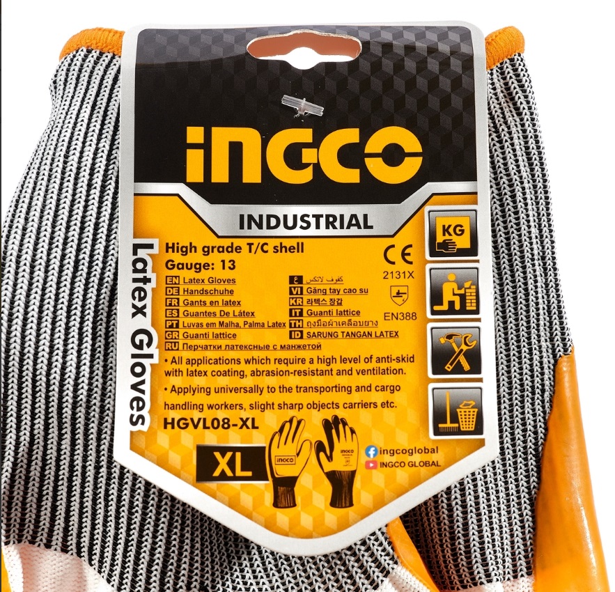 INGCO ถุงมือเซฟตี้เคลือบยาง ไซส์ XL รุ่น HGVL08-XL สำหรับการยกของหนัก หรือจับหยิบของวัตถุที่มีความคมเล็กน้อย