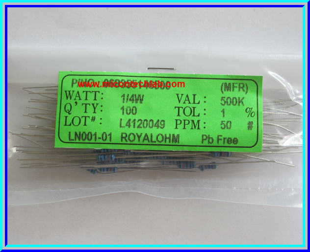 100x Resistor 500 K Ohm 1/4 Watt 1% Metal film Resistor