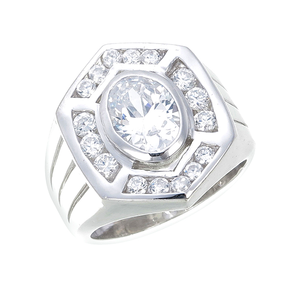 แหวนผู้ชาย ประดับเพชรCZ แหวนหน้าหกเหลี่ยม ฝังเพชรทรงไข่ ล้อมรอบฝังเพชรกลม บ่าฉลุร่อง แฝงไปด้วยความเท่ ดูเรียบหรู มีสง่าราศรี