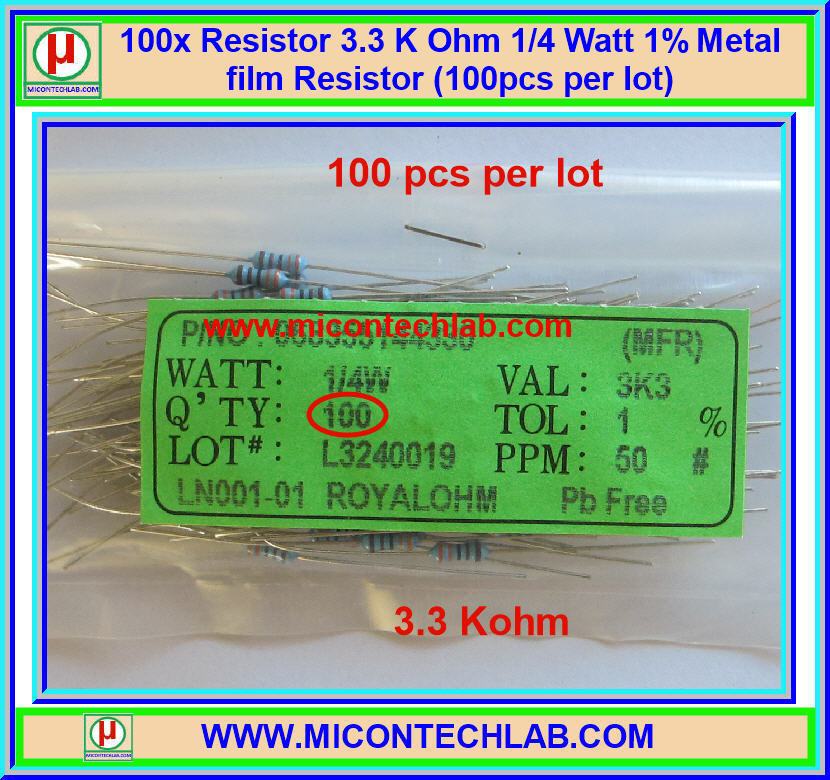 100x Resistor 3.3 KOhm 1/4 Watt 1% Metal film Resistor