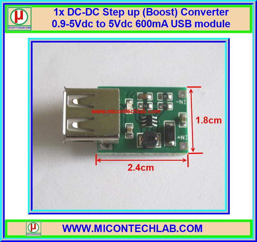 1x DC-DC Step up (Boost) Converter 0.9-5Vdc to 5Vdc 600mA USB