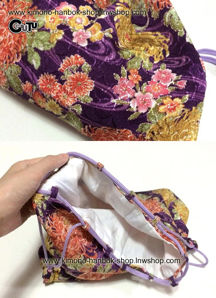 ถุงผ้าญี่ปุ่น สีม่วงลายดอกไม้(