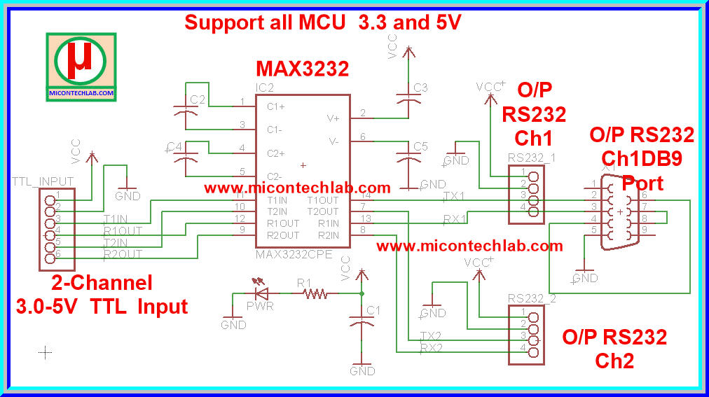 1x MAX3232 2-Channel 3.0-5V TTL to RS232 with Female DB9 Port Module