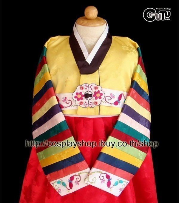 ชุดฮันบก+หมวก เด็กโต 10-11 เสื้อแขนต่อลายปัก/กระโปงสีแดง