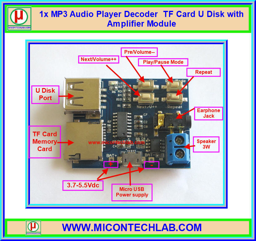 1x วงจรเล่นไฟล์ MP3 จาก SD card พร้อมวงจรขยายสัญญาณ