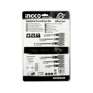 INGCO ชุดไขควง ด้ามกันไฟฟ้า 6 ตัวชุด พร้อมแผงติดหนัง รุ่น HKISD0608