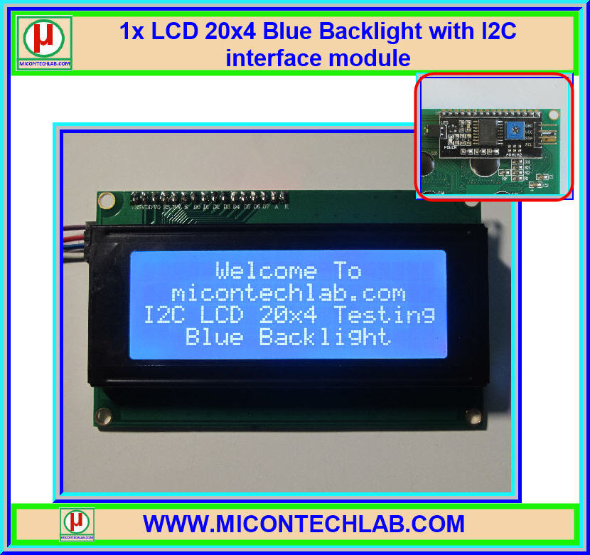 1x จอ LCD 20x4 สีน้ำเงิน เชื่อมต่อแบบ I2C (LCD I2C)