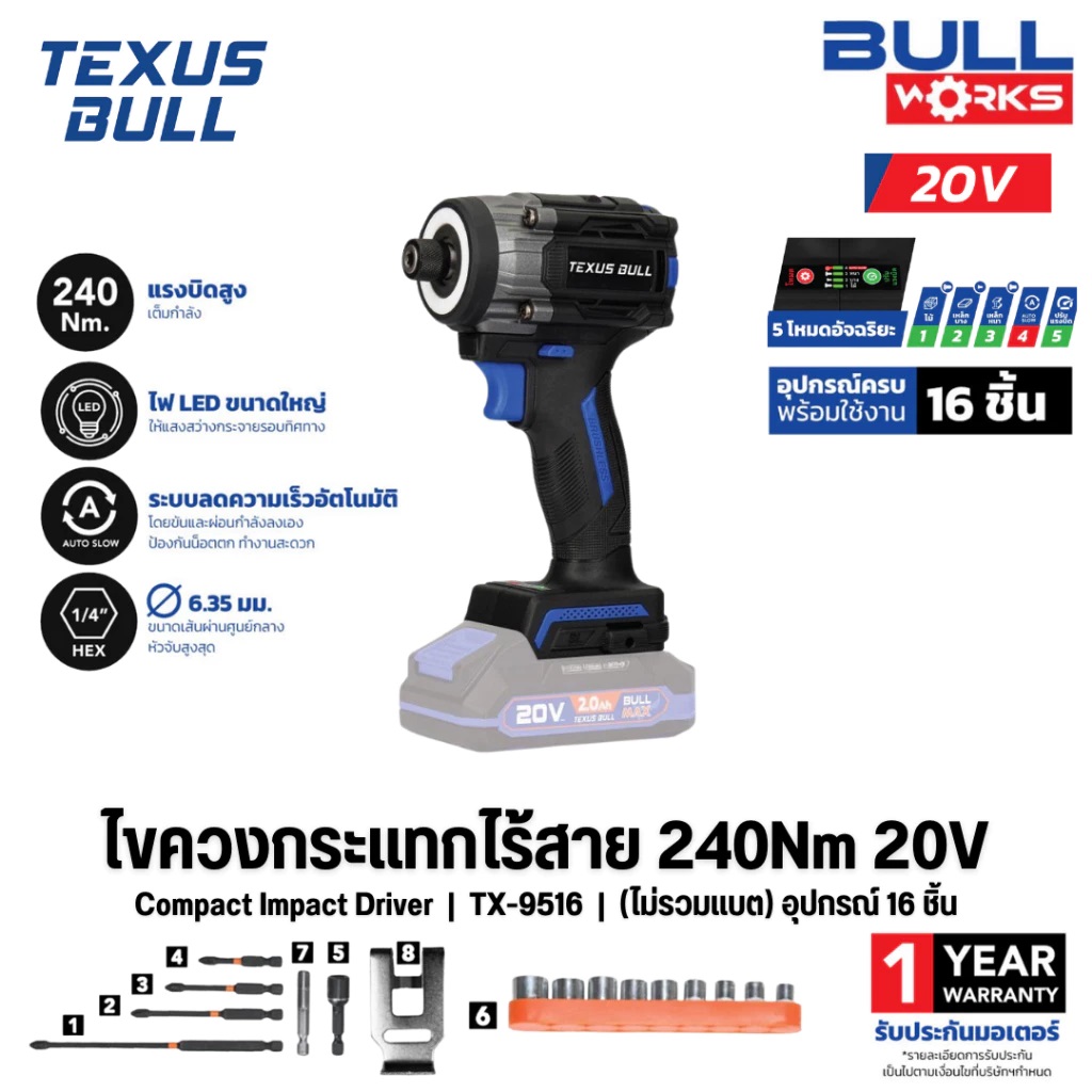 TEXUS BULL ไขควงแระแทกไร้สาย 20V อุปกรณ์19ชิ้น TX-9516 (ไม่รวมแบต ไม่รวมแท่นชาร์จ)