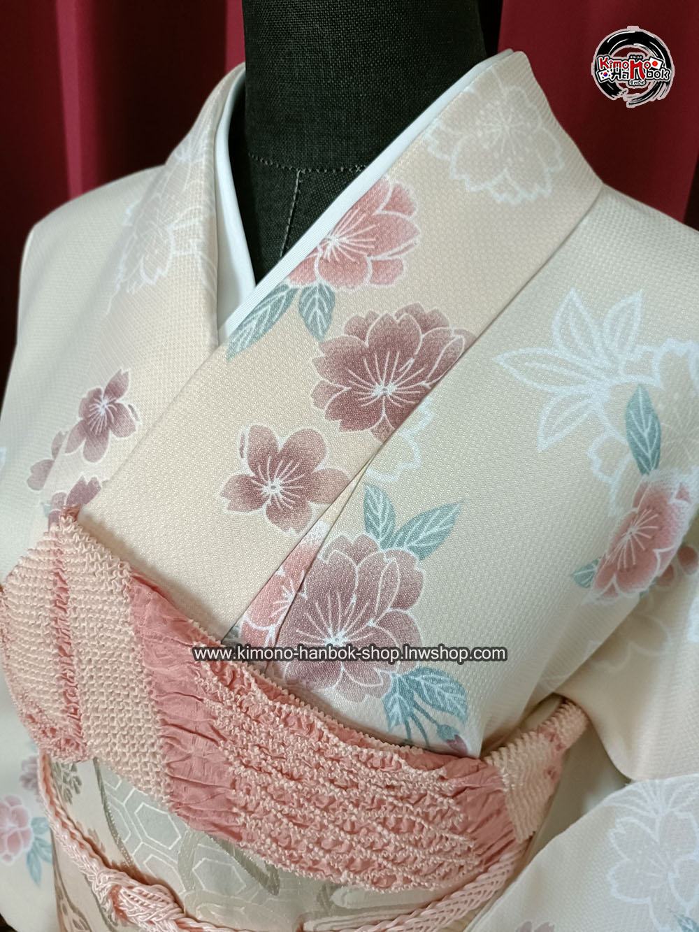 set ชุดกิโมโนสีครีม ลายซากุระ013