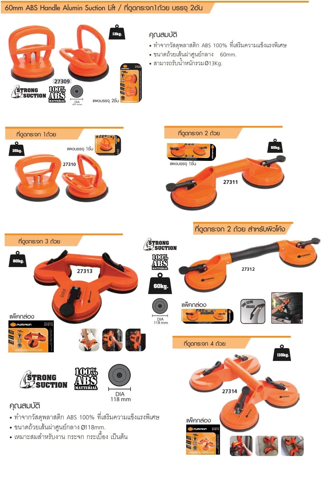 ตัวดูดกระจก2หลุม PTT-STW2P PUMPKIN #27312 สำหรับผิวโค้ง