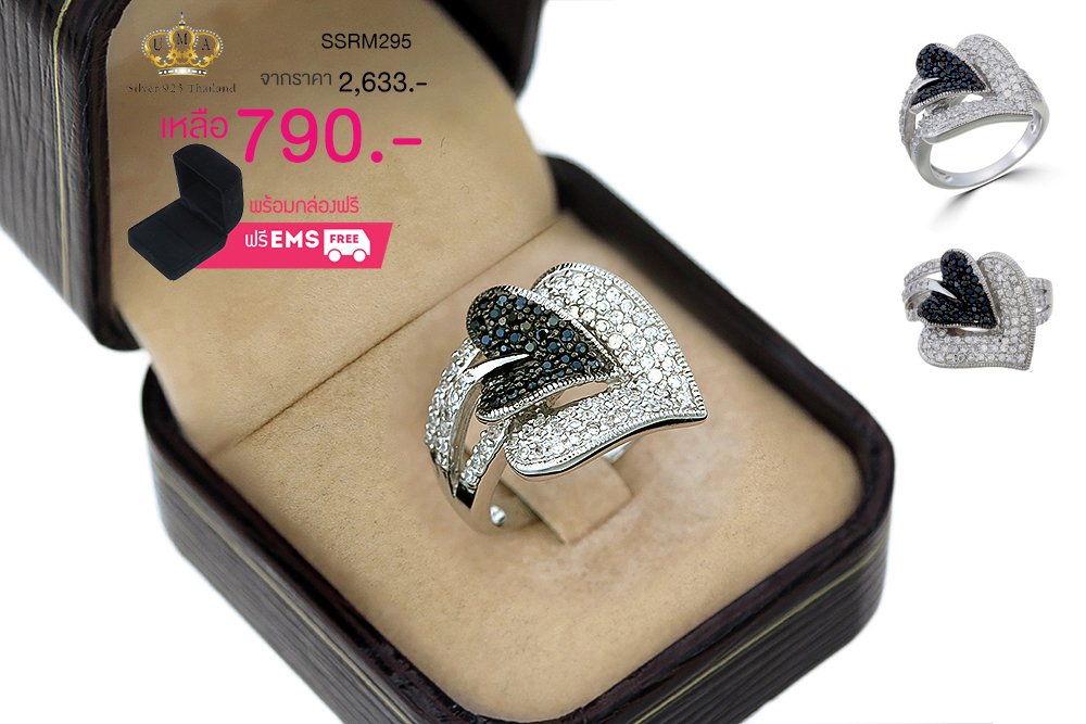 แหวนเพชร ประดับ เพชรCZ แหวนทรงใบโพธิ 2 ใบดีไซน์เก๋ไก๋ฝังเพชรกลมดำและเพชรกลมขาว ตัวเรือนเงินแท้100% (เงินแท้92.5%) เพิ่มดีเทลช่วงบ่าฝังเพชรกลมขาวประดับ เก๋สุด ๆ ใส่ออกมาเต็มนิ้ว งานละเอียดเนี๊ยบมาก