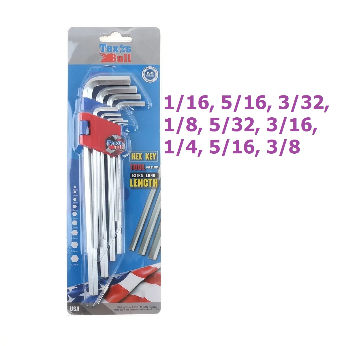 TEXAS BULL กุญแจ 6 เหลี่ยม 9 ตัว รุ่น TX-HK9L-IN เบอร์นิ้ว หัวหกเหลี่ยม