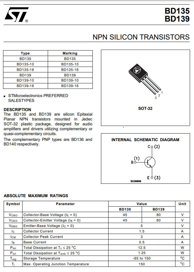 1x BD139 NPN ทรานซิเตอร์ 80V 1.5A ยี่ห้อ ST Microelectronics