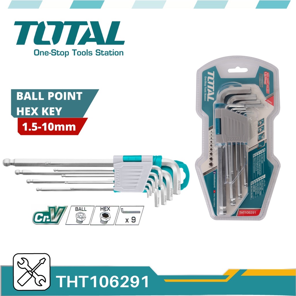 TOTAL THT106291 ประแจหกเหลี่ยม หัวบอลยาว 9ตัว/ชุด