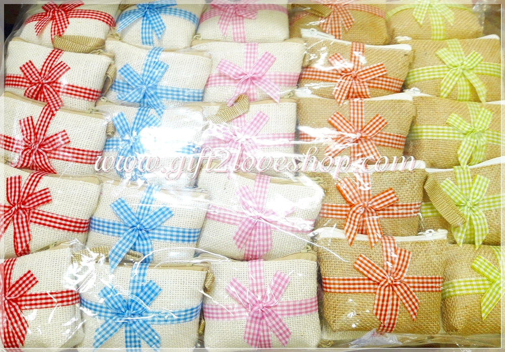 กระเป๋าผ้ากระสอบสีธรรมชาติ คาดโบว์