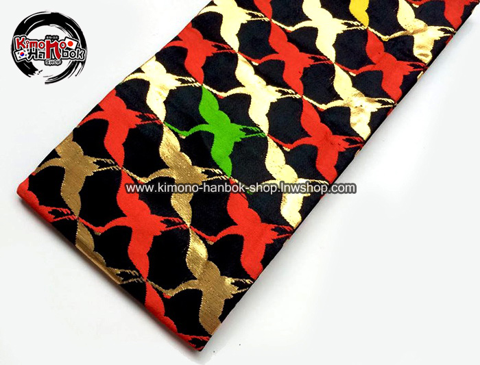 โอบิผ้าทอโบว์สำเหร็จอันใหญ่(s-M)ลายนกกระเรียนสีดำ