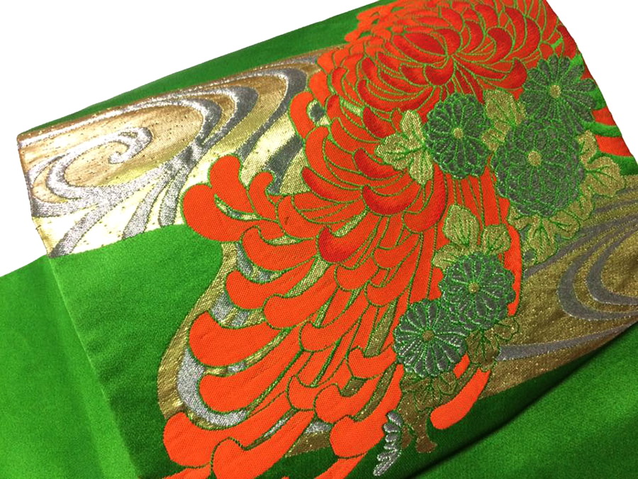 โอบิสำเร็จทรงหมอนสีเขียว ผ้าไหมแท้ มือ1