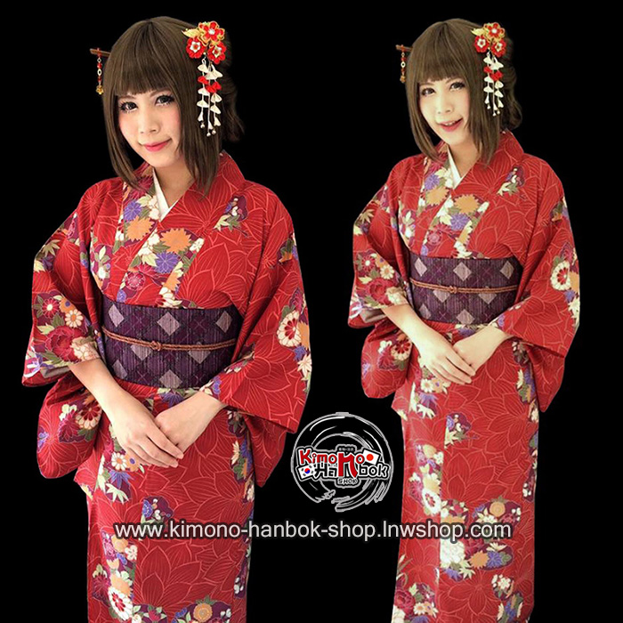 ยูกาตะ สีแดงลายดอกไม้โบราณ2