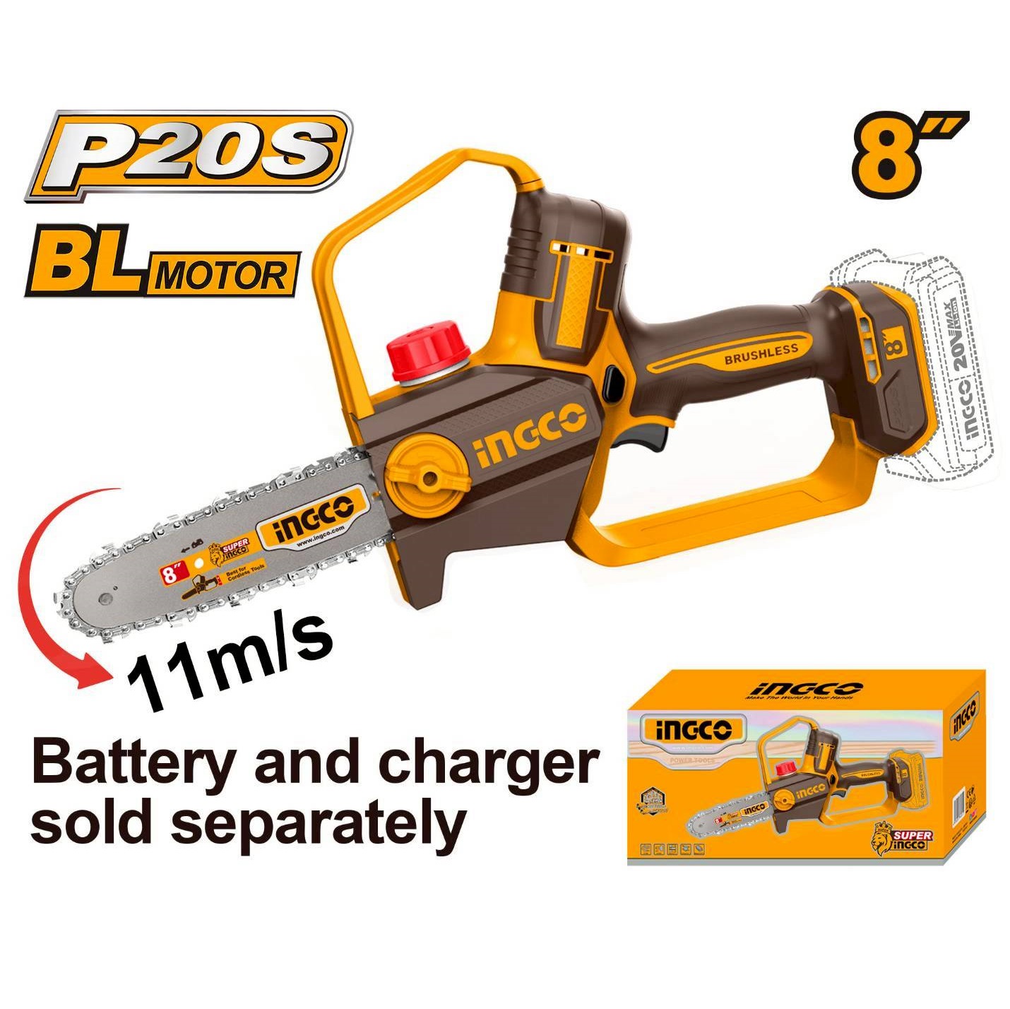 INGCO เลื่อยโซ่ไร้สาย 8" 20V CGSLI2088 (เครื่องเปล่า)