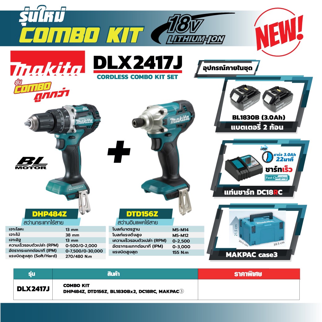 ชุดคอมโบ้ DLX2417J MAKITA (DHP484+DTD156)